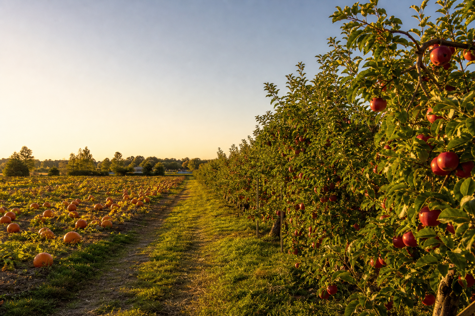 Rows of apple trees beside a pumpkin patch at golden hour